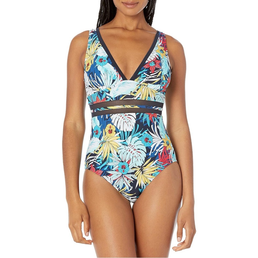 Tommy Hilfiger Womens Tropical Floral V-Neck One Piece Swimsuit Mesh Size 16